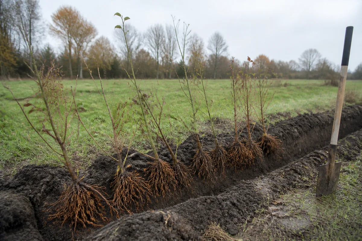 Plants de haie en racines nues alignés au bord d&rsquo;une tranchée de plantation