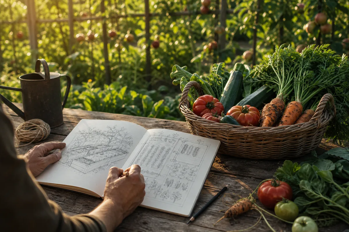 Table de jardin avec carnets, plans de potager et légumes fraîchement récoltés