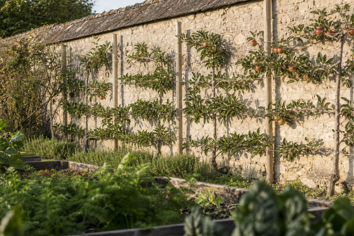 Verger palissé en espalier le long d&rsquo;un mur de jardin, avec potager en carrés au premier plan