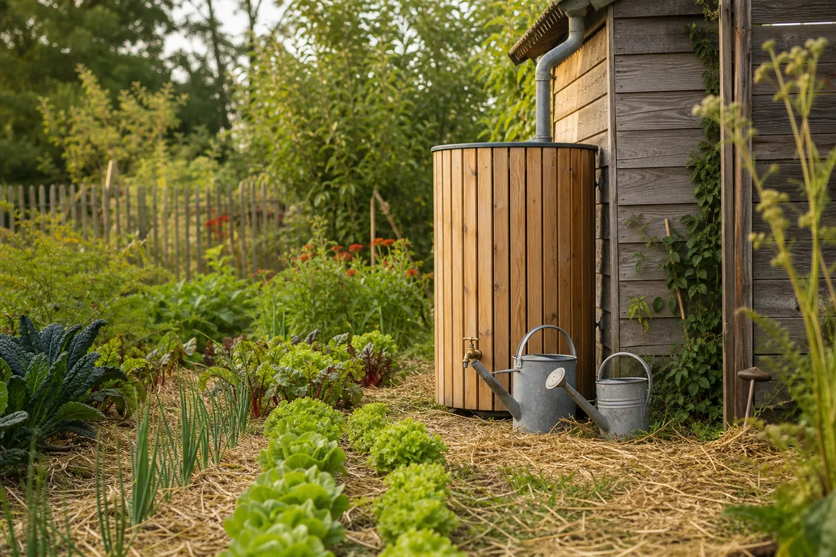Cuve de récupération d&rsquo;eau de pluie en bois adossée à un abri de jardin, arrosoirs en zinc et paillage au pied des légumes