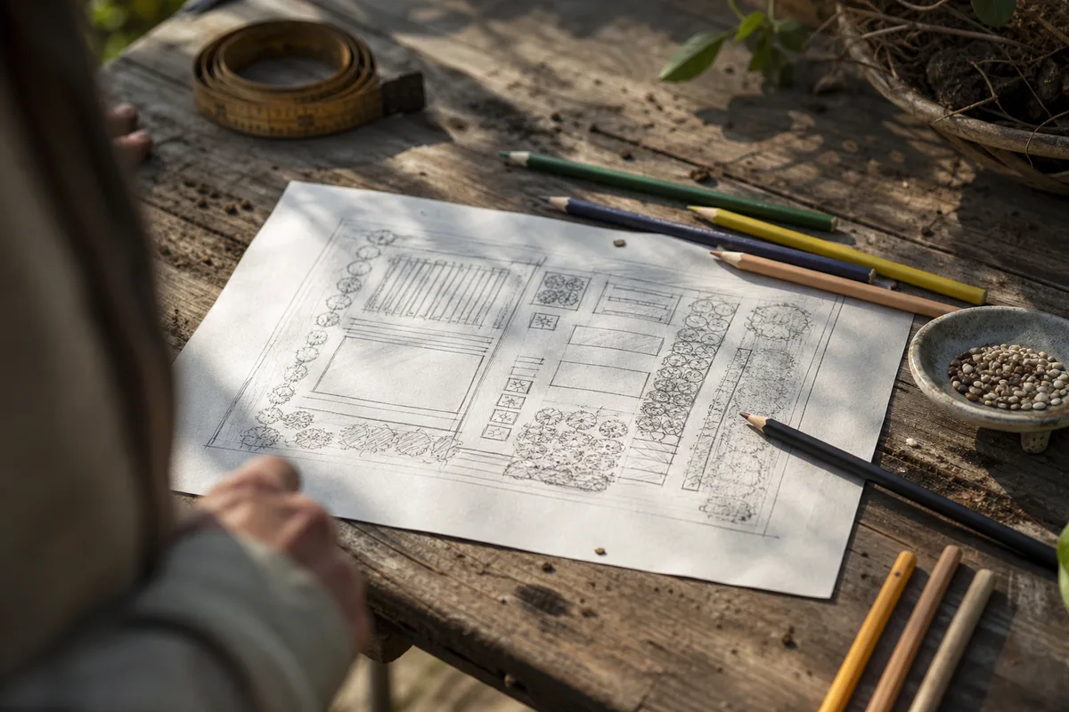 Plan de jardin nourricier dessiné à la main sur une table de jardin, avec crayons et mètre ruban