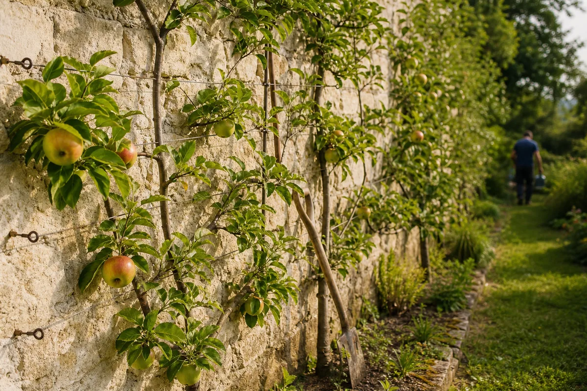 Verger palissé le long d’un mur de pierre claire, jeunes arbres fruitiers guidés sur fils tendus, lumière dorée de fin d’été