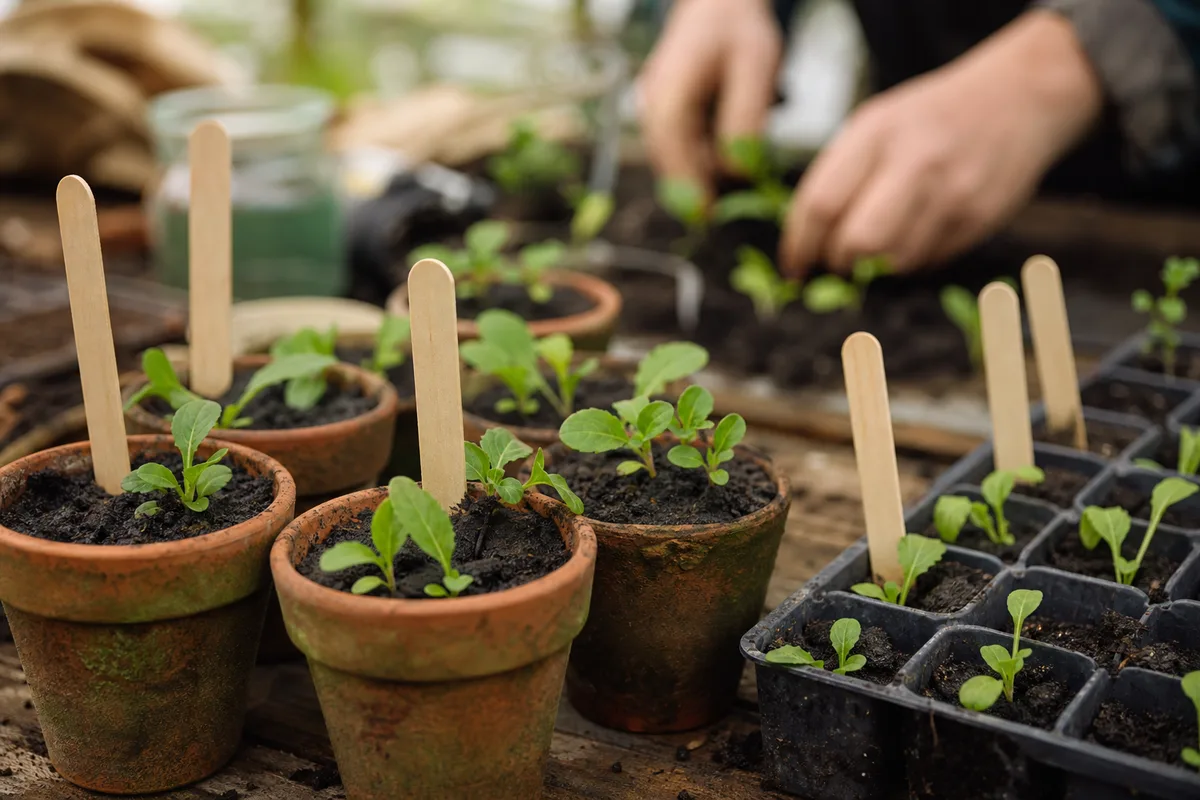 Semis de printemps en godets alignés sur une table de culture, terreau frais et étiquettes en bois