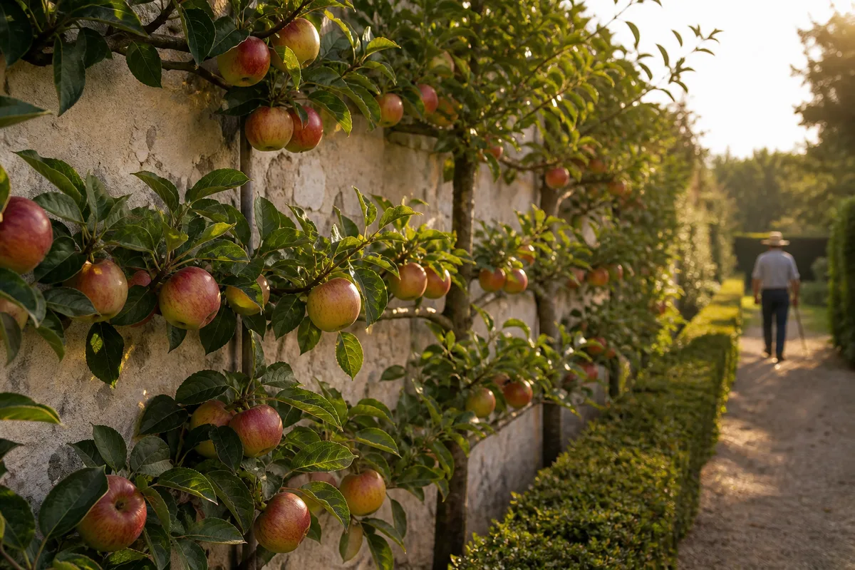 Verger palissé en fin d&rsquo;été, pommes mûres sur des branches conduites en espalier le long d&rsquo;un mur de jardin