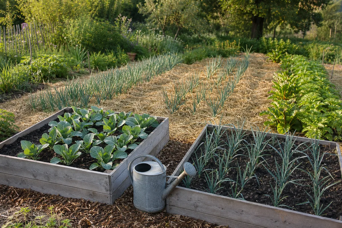 Potager familial en planches permanentes paillées avec carrés surélevés en bois
