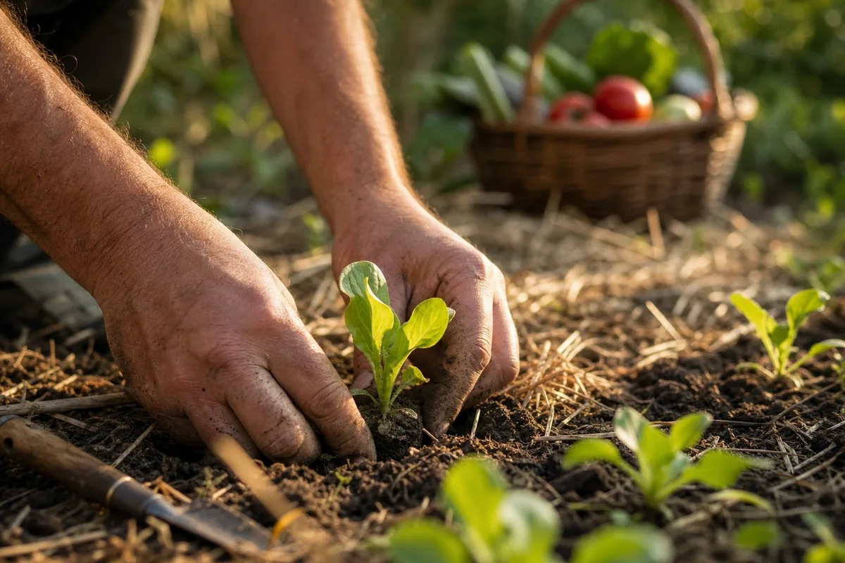 Mains de jardinier repiquant des plants de salade dans une planche de culture paillée