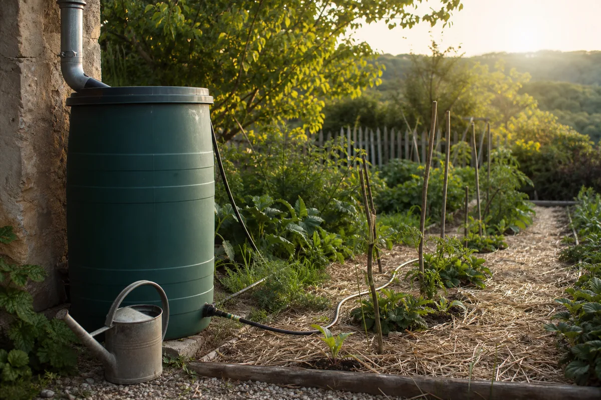 Cuve de récupération d’eau de pluie raccordée à un potager paillé en fin d’été