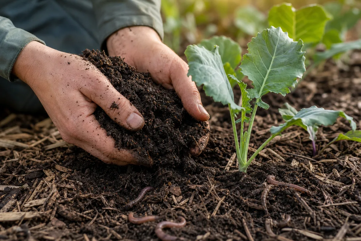Main déposant du compost mûr au pied de jeunes plants dans un potager paillé