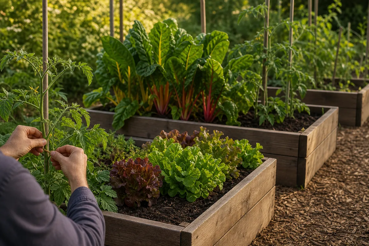 Potager en carrés surélevés en bois, légumes d’été et allées paillées sous une lumière dorée
