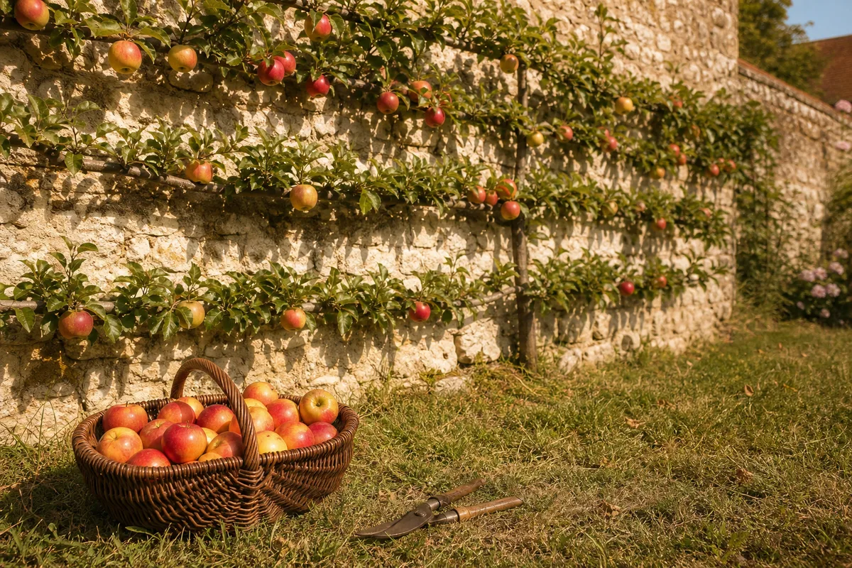 Verger palissé de pommiers en cordons le long d’un mur ancien, panier de pommes au premier plan en fin d’été