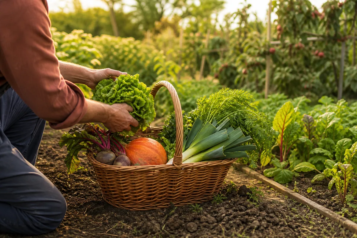 Panier en osier rempli de légumes de saison posé au bord d&rsquo;une planche de potager